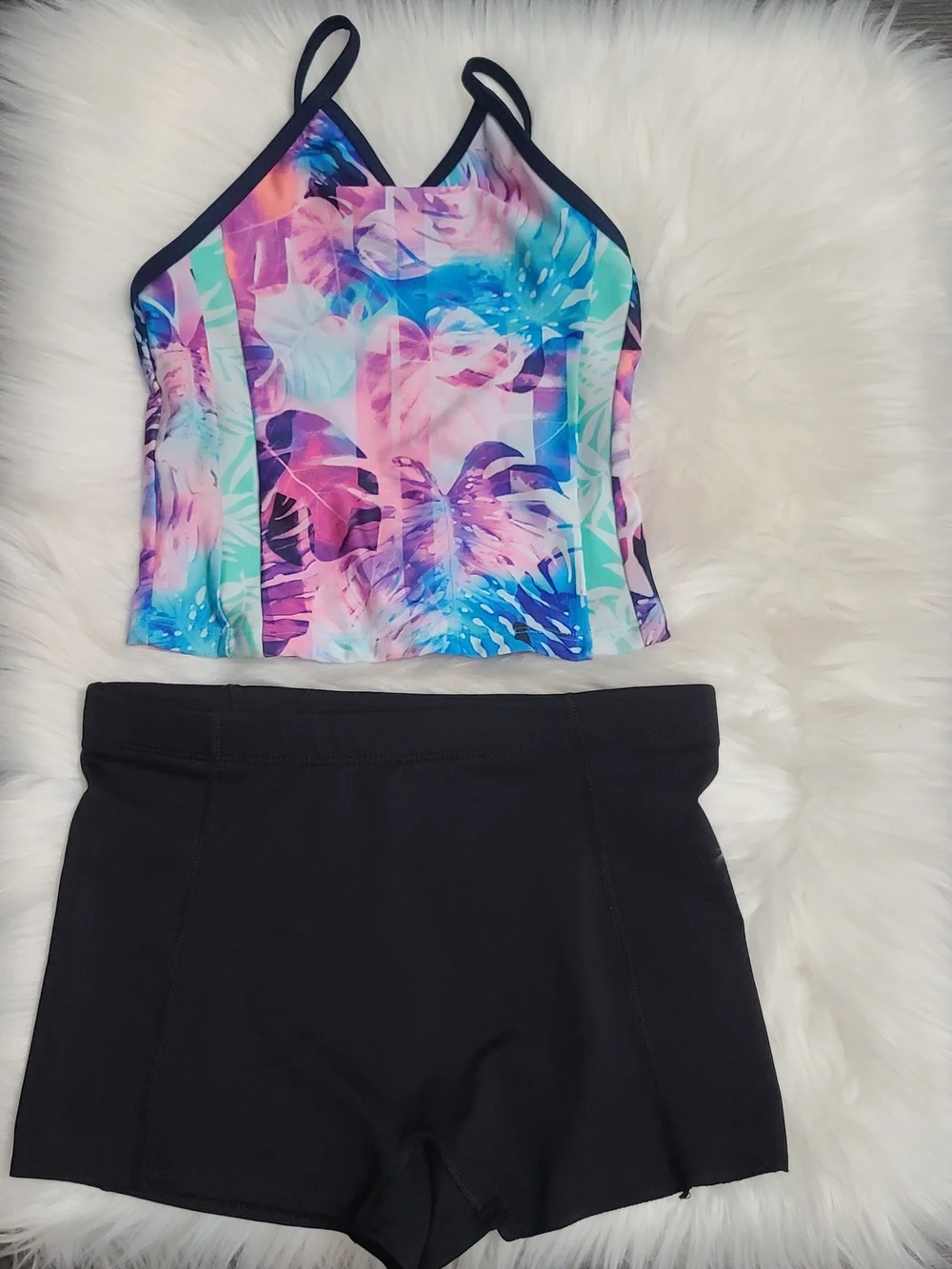 Girls' Floral Tankini Top with Black Swim Shorts